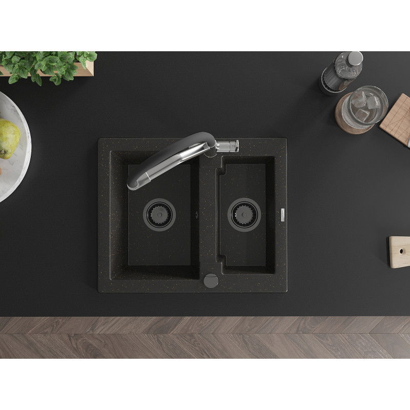 Mexen Carlos granito plautuvė 1,5 kameros su Duo virtuviniu maišytuvu, juoda/auksinė metalika - 6518-75-671701-07-B