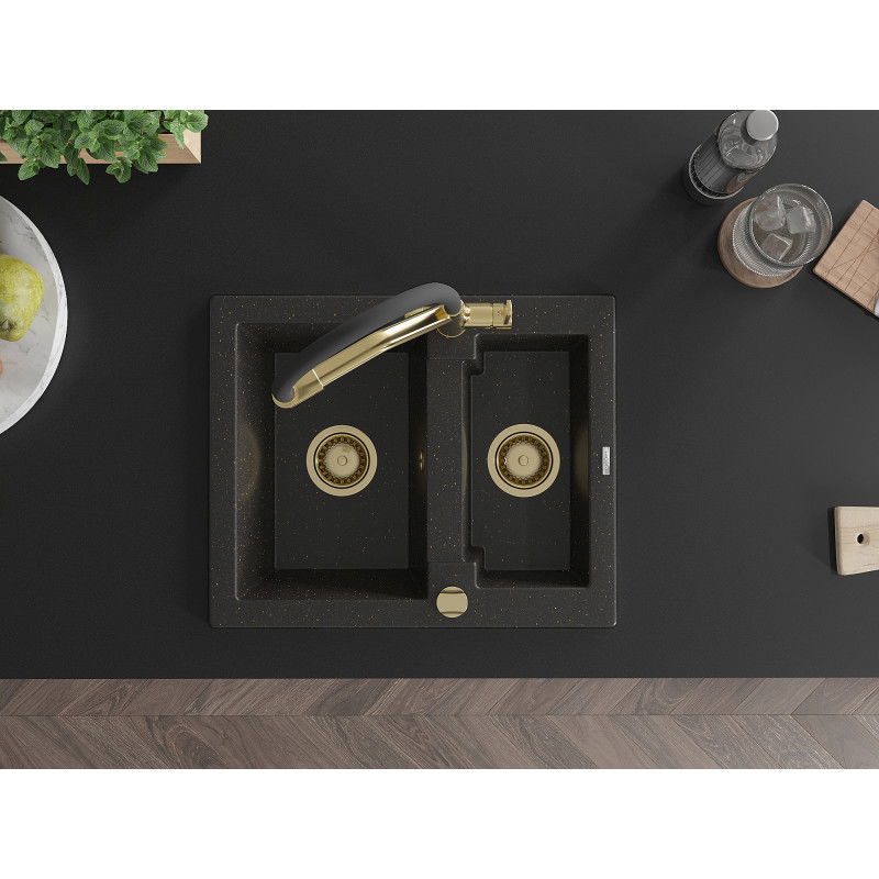 Mexen Carlos granitinė 1,5 skyrių kriauklė su Duo maišytuvu, juoda/auksinė metalika - 6518-75-671701-57-G