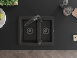 Mexen Carlos granito plautuvė 1,5 skyrių su virtuviniu maišytuvu Duo, juodas/auksinis metalikas - 6518-75-671701-70-B