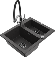Mexen Carlos granitinis kriauklė su 1,5 kameromis ir Duo virtuviniu maišytuvu, juodas su dėmėmis - 6518-76-671701-07-B