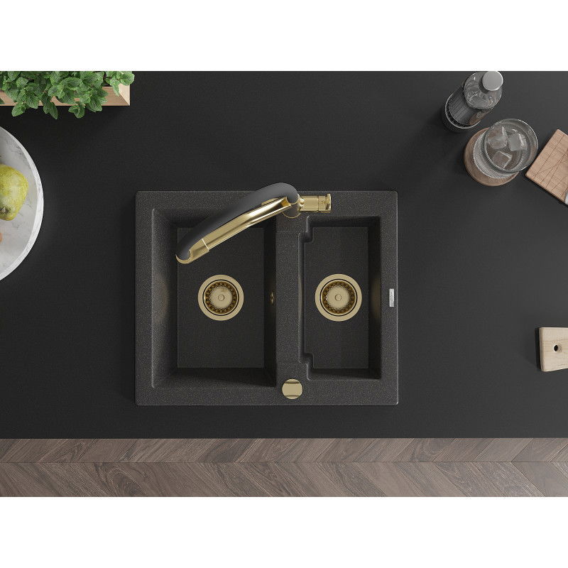 Mexen Carlos granitinis plautuvės 1,5 skyrių su Duo virtuvės maišytuvu, juodas margas - 6518-76-671701-57-G