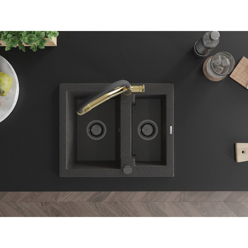 Mexen Carlos granito virtuvės kriauklė 1,5 skyrių su Duo virtuviniu maišytuvu, juoda dygliuota - 6518-76-671701-57-B