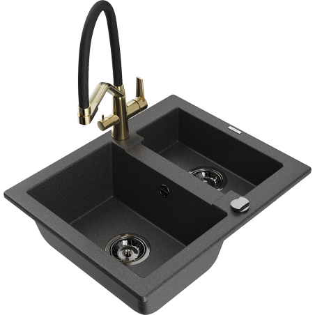 Mexen Carlos granito virtuvės kriauklė 1,5 skyrių su Duo virtuviniu maišytuvu, juoda dygliuota - 6518-76-671701-57-B