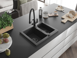 Mexen Carlos granitinė 1,5 kambario plautuvė su Duo virtuvės maišytuvu, juodas taškuotas - 6518-76-671701-70-B