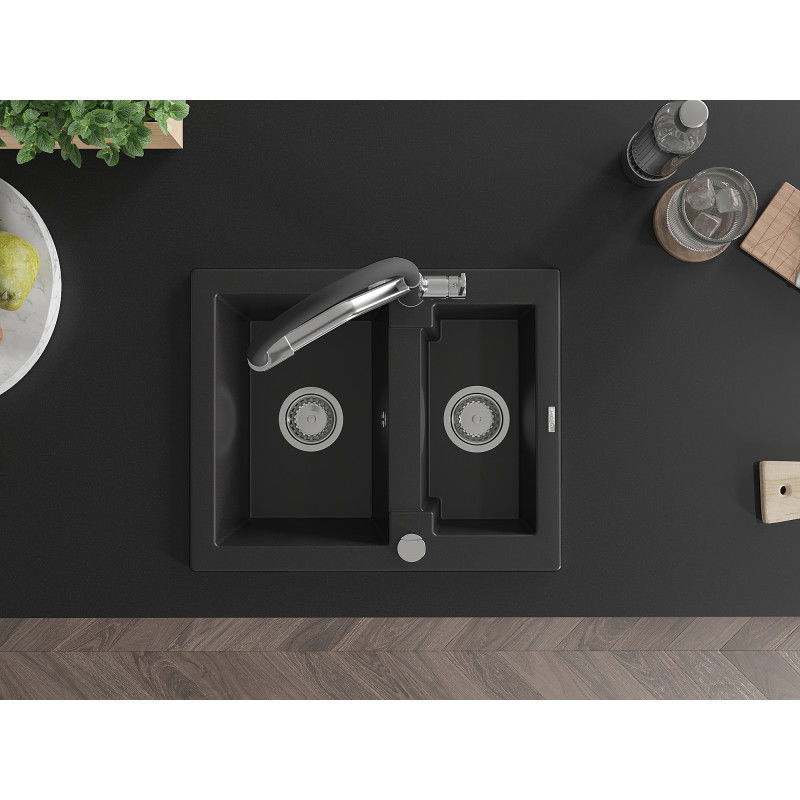 Mexen Carlos granito virtuvės kriauklė su 1,5 dubeniu ir Duo virtuvės maišytuvu, juodas - 6518-77-671701-07