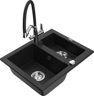 Mexen Carlos granito virtuvės kriauklė su 1,5 dubeniu ir Duo virtuvės maišytuvu, juodas - 6518-77-671701-07