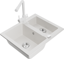 Mexen Carlos granitinis 1,5-jų kamerų virtuvės plautuvas su virtuvės maišytuvu Duero, balta - 6518-20-671600-20