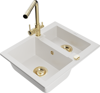 Mexen Carlos granitinis plautuvas 1,5 kamerų su virtuviniu maišytuvu Duero, baltas - 6518-20-671600-50