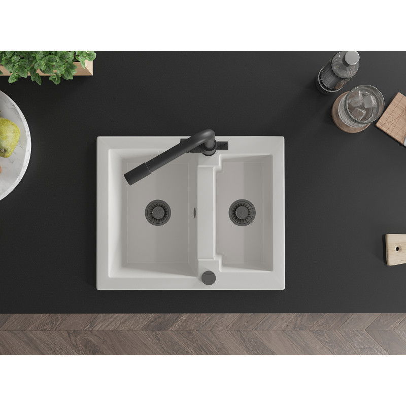 Mexen Carlos granitinis 1,5 skyrių plautuvės komplektas su Duero virtuviniu maišytuvu, baltas - 6518-20-671600-70