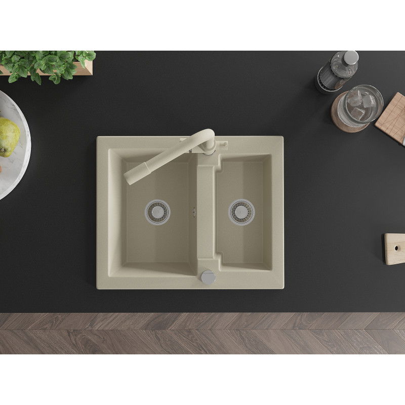 Mexen Carlos granitinis virtuvės kriauklė 1,5 skyriaus su virtuvės maišytuvu Duero, smėlio spalvos - 6518-69-671600-69