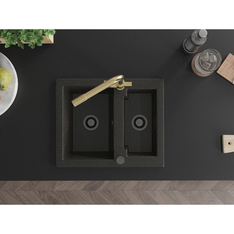 Mexen Carlos granitinė 1,5 skylių plautuvė su Duero virtuviniu maišytuvu, juoda/auksinės metalo spalvos - 6518-75-671600-50-B
