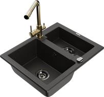 Mexen Carlos granitinė 1,5 skylių plautuvė su Duero virtuviniu maišytuvu, juoda/auksinės metalo spalvos - 6518-75-671600-50-B
