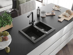 Mexen Carlos granitinis plautuvė 1,5 dydžio su virtuviniu maišytuvu Duero, juoda/auksinė metalo - 6518-75-671600-70