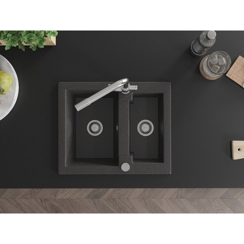 Mexen Carlos granito kriauklė 1,5 kamerų su virtuviniu maišytuvu Duero, juodas dėmėtasis - 6518-76-671600-00