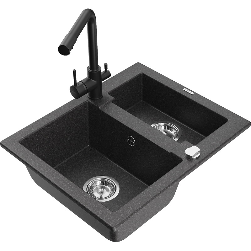 Mexen Carlos granitinė dviejų skylių plautuvė su „Duero“ virtuviniu maišytuvu, juoda tašelių - 6518-76-671600-70