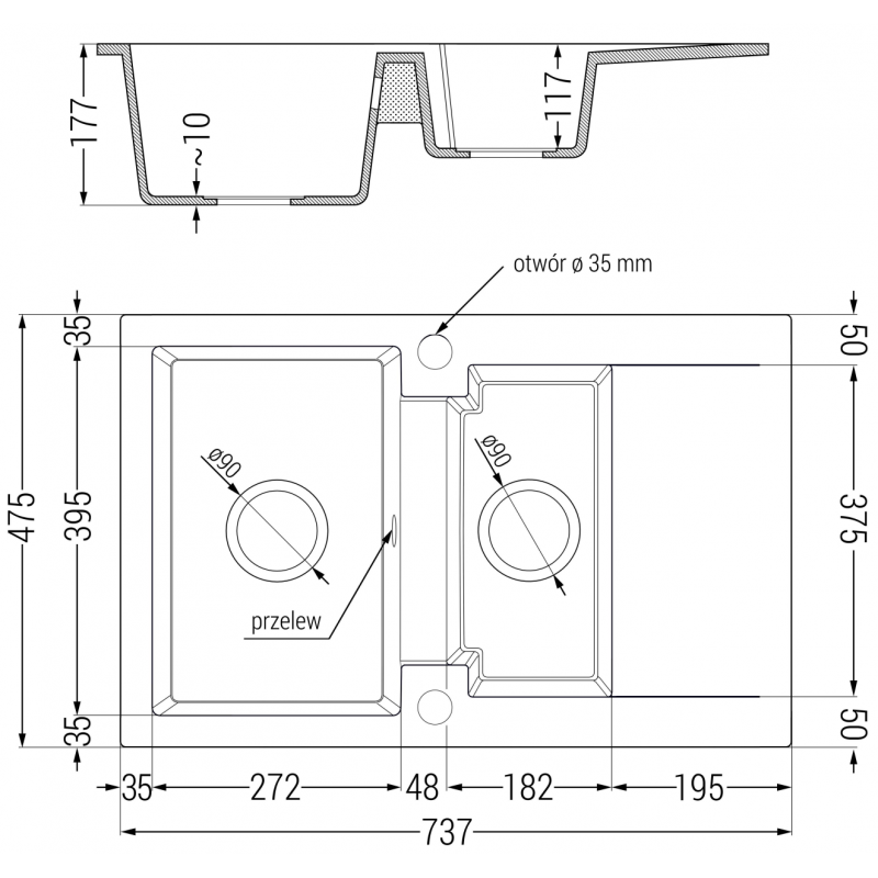 Mexen Gaspar Granitinė plautuvė 1,5 skylių su lašėjimo zona 737 x 475 mm, balta, sifonas chromas - 6507731505-20
