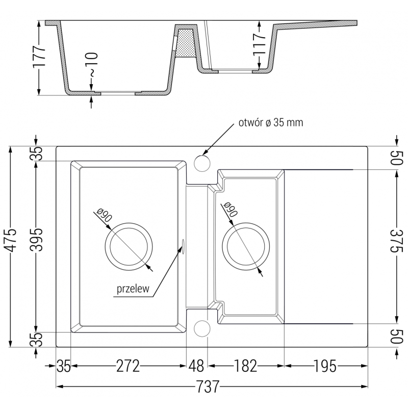 Mexen Gaspar 1,5 skyrių granitinė kriauklė su nutekėjimu 737 x 475 mm, juoda su dėmelėmis, chromo sifonas - 6507731505-76