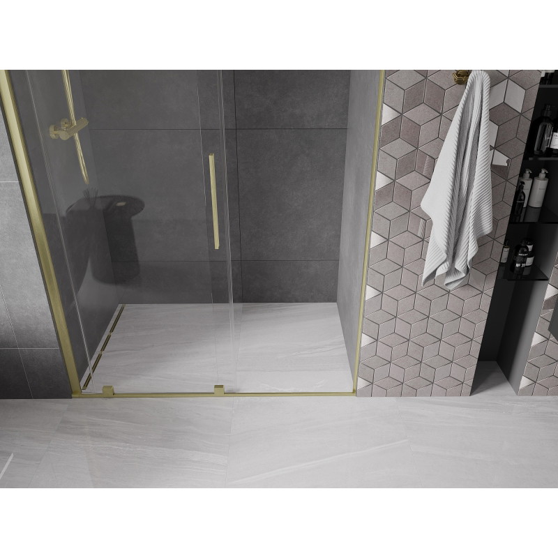 Mexen Velar stumdomos dušo durys 140 cm, skaidrios, aukso spalvos šlifuotos - 871-140-000-01-55