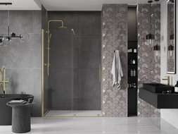 Mexen Velar stiklinės dušo durys 150 cm, skaidrios, šlifuoto aukso - 871-150-000-01-55
