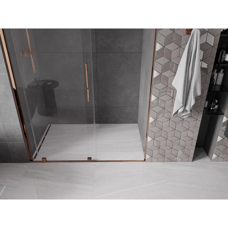 Mexen Velar stumdančios dušo durys 130 cm, permatomos, rožinis auksas - 871-130-000-01-60