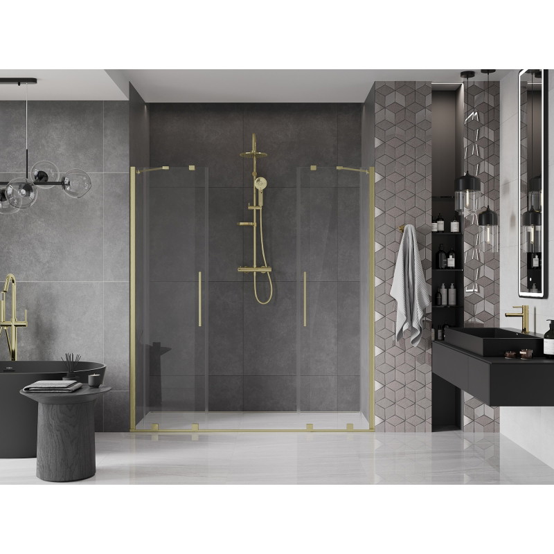 Mexen Velar Dvigubos slankios dušo durys 170 cm, permatomos, aukso spalvos šepetėlis - 871-170-000-02-55
