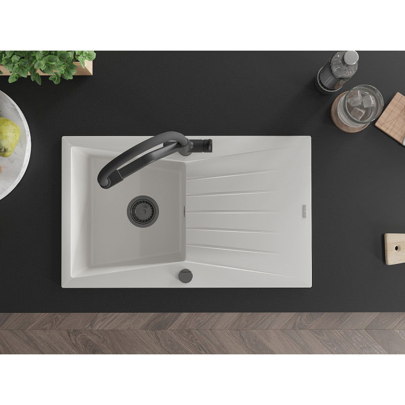 Mexen Cesar granitinis vienos komoros plautuvė su lašintuvu ir virtuviniu maišytuvu Duo, baltas - 6514-20-671701-70-B