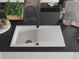 Mexen Cesar granitinis vienos komoros plautuvė su lašintuvu ir virtuviniu maišytuvu Duo, baltas - 6514-20-671701-70-B