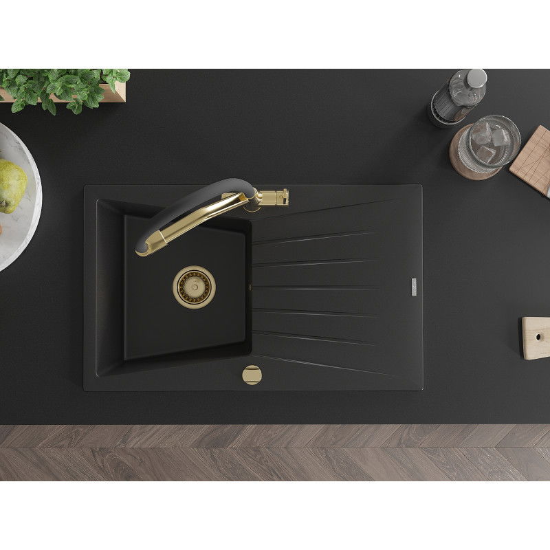 Mexen Cesar vienos kameros granitinis plautuvas su nutekėjimu ir Duo virtuviniu maišytuvu, juodas - 6514-77-671701-57-G