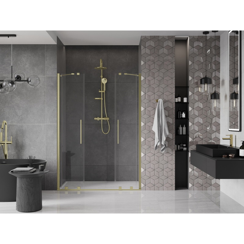 Mexen Velar Dvigubos stumdomos dušo durys 160 cm, skaidrios, šlifuotas auksas - 871-160-000-02-55