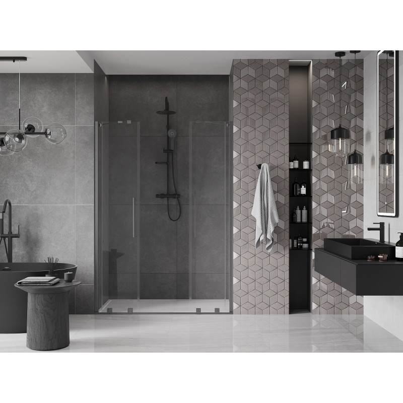 Mexen Velar Dvigubos slankiojamos dušo durys 160 cm, skaidrios, šlifuotas ginklo pilkumo spalvos - 871-160-000-02-66