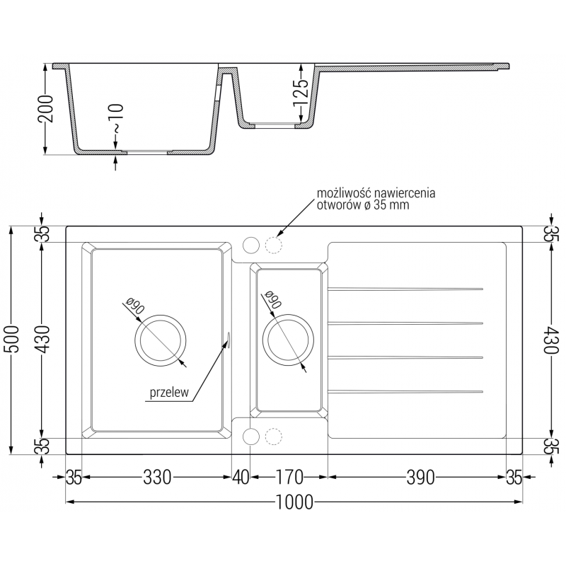 Mexen Andres granitinė plautuvė 1,5 skyrių su nusausinimo lenta 1000 x 500 mm, juoda, sifonas chromuotas - 6515101510-77