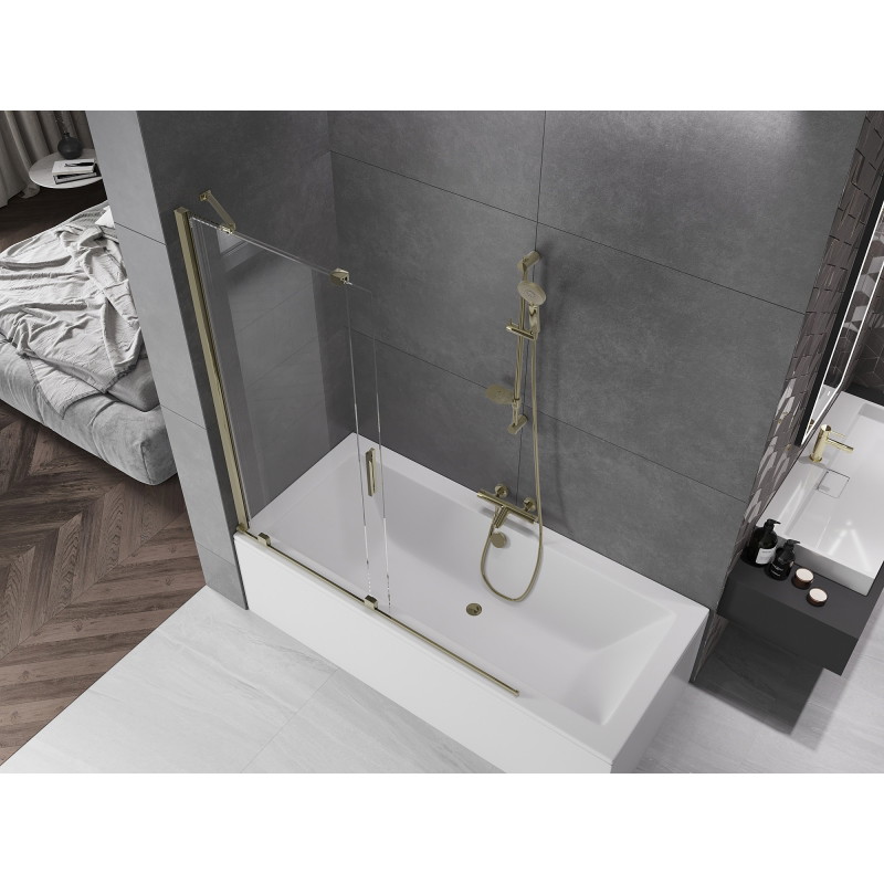Mexen Velar dviejų dalių stumdomas vonios ekranas, skaidrus, auksinis, 140 x 150 cm - 896-140-000-01-50