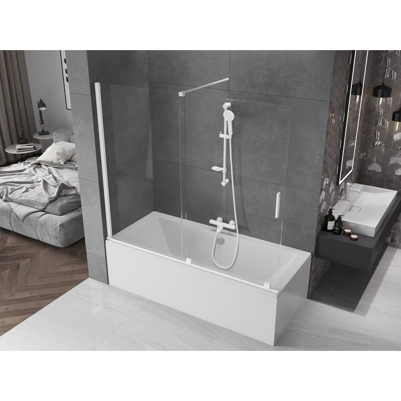 Mexen Velar dviejų sparnų stumdomas vonios ekranas 180 x 150 cm, permatomas, baltas - 896-180-000-01-20