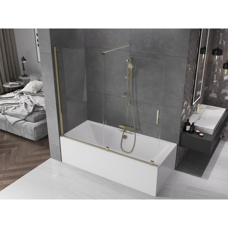 Mexen Velar dviejų dalių slankiojanti vonios pertvara 180 x 150 cm, permatoma, auksinė - 896-180-000-01-50