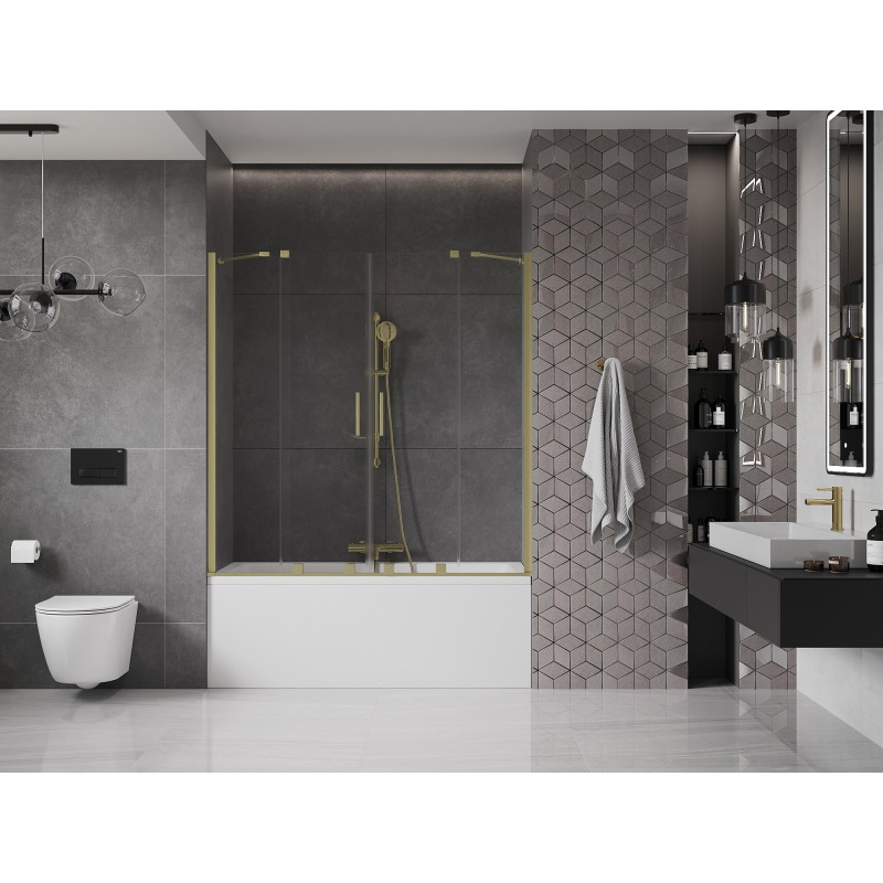 Mexen Velar Dvigubas vonios ekranas, 2 dalių 150 x 150 cm, skaidrus, šlifuoto aukso - 896-150-000-02-55