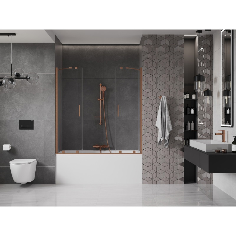 Mexen Velar Dvigubas vonios kambario dviejų sparnų ištraukiamas ekranas 150 x 150 cm, skaidrus, šlifuotas varis