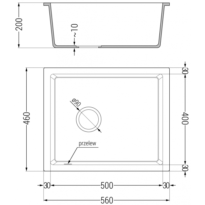 Mexen Pedro granitinis virtuvės plautuvė 1 skyrius 560 x 460 mm, juoda/sidabro metalikas, chromuotas sifonas - 6508561000-73