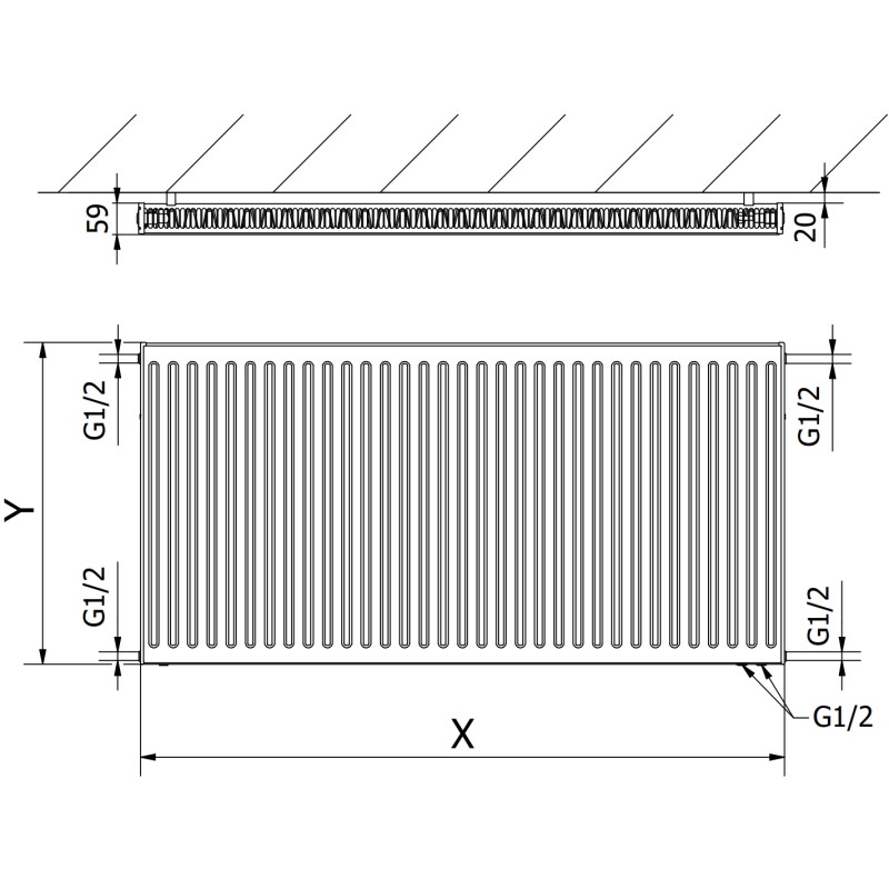 Mexen CV11 plokštelinis radiatorius 600 x 1200 mm, apatinis prijungimas, 1120 W, baltas - W611-060-120-00