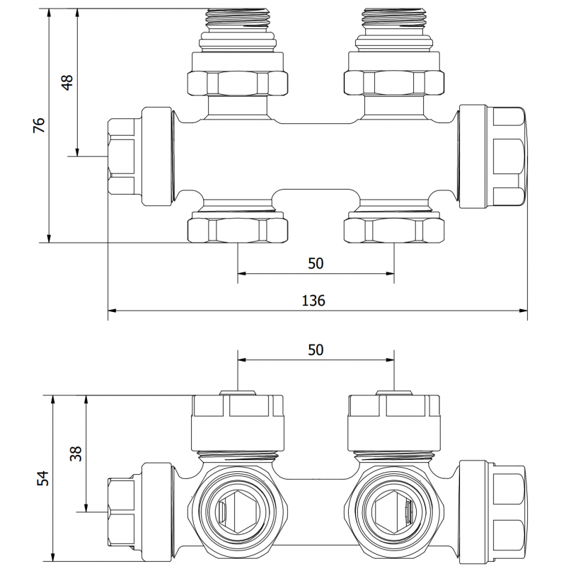 Mexen Uni-Term radiatoriaus vožtuvas kampinis/tiesus, Duplex, DN50, chromas - W908-000-01