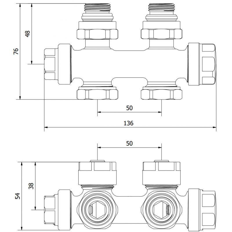 Mexen Uni-Term radiatoriaus vožtuvas kampinis/tiesus, Duplex, DN50, juodas - W908-000-70