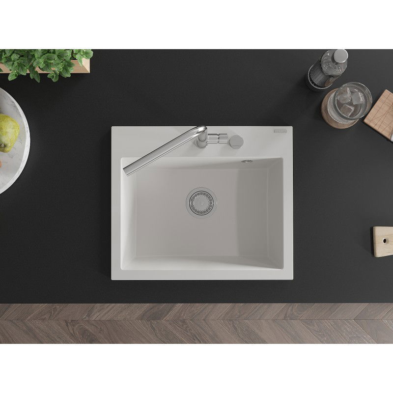 Mexen Oscar granito plautuvė su viena kamera 580 x 490 mm, balta, chromuotas sifonas - 6519581000-20