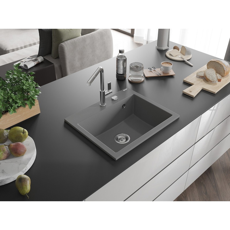 Mexen Oscar granitinė vienaaukštė plautuvė 580 x 490 mm, pilka, chromuota sifonas - 6519581000-71
