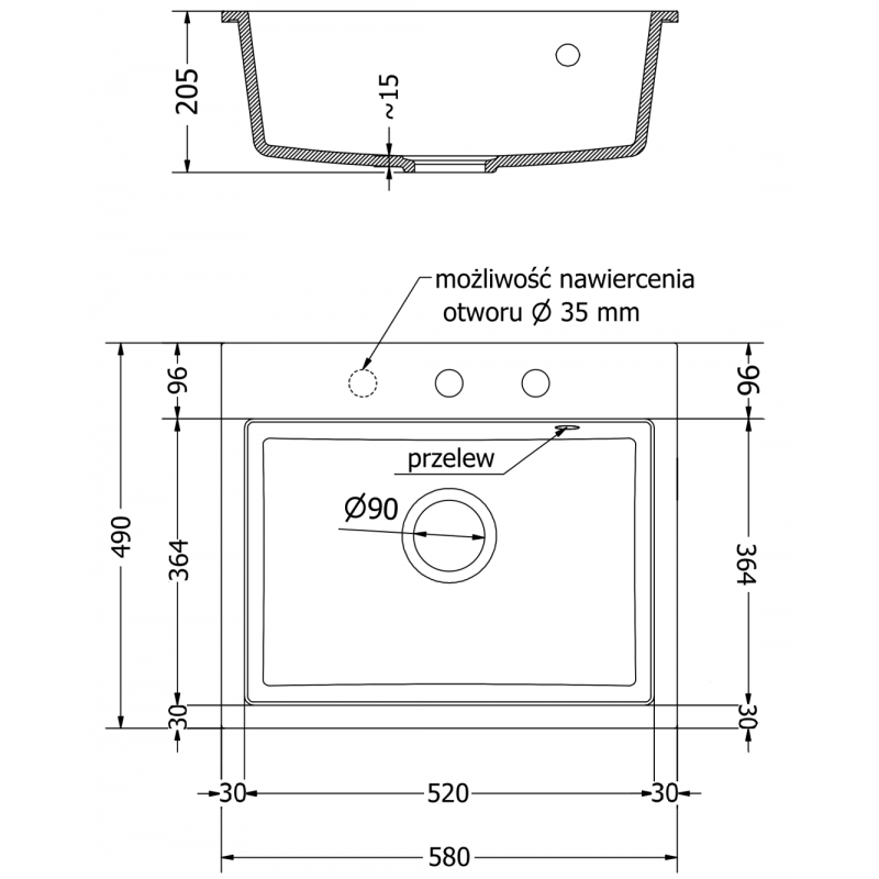Mexen Oscar granitinė virtuvinė kriauklė, vienos kameros, 580 x 490 mm, juoda/auksinė metalik, chromuotas sifonas