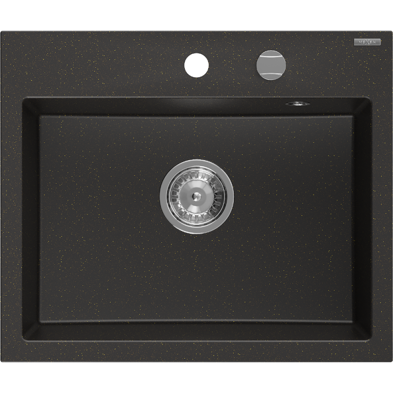 Mexen Oscar granitinė virtuvinė kriauklė, vienos kameros, 580 x 490 mm, juoda/auksinė metalik, chromuotas sifonas