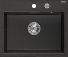 Mexen Oscar granitinė virtuvinė kriauklė, vienos kameros, 580 x 490 mm, juoda/auksinė metalik, chromuotas sifonas