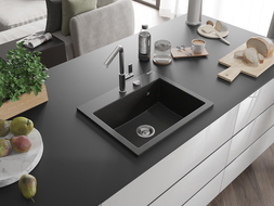 Mexen Oscar granitinis virtuvės kriauklė, 1 skyrius, 580 x 490 mm, juodas/auksinis metalikas, chrominis sifonas - 6519581000-75