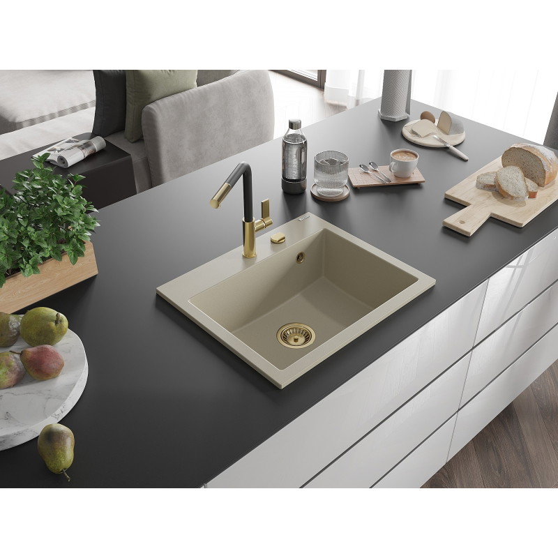 Mexen Oscar granitinė vienos kameros kriauklė 580 x 490 mm, smėlio spalvos, auksinis sifonas - 6519581000-69-G