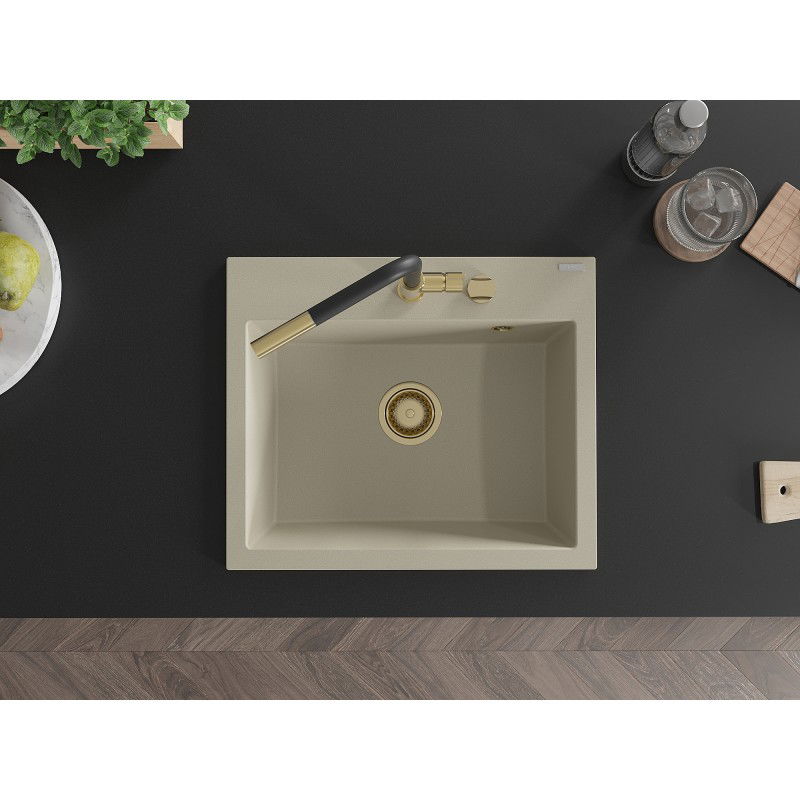 Mexen Oscar granitinė vienos dalies plautuvė 580 x 490 mm, smėlio spalvos, auksinis sifonas - 6519581000-69-G