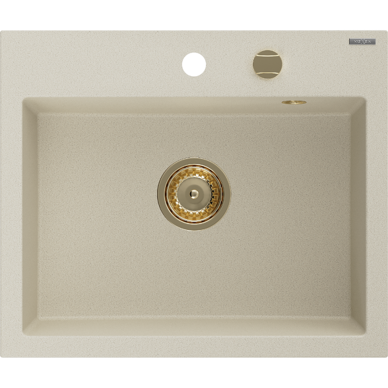 Mexen Oscar granitinė viena dubens kriauklė 580 x 490 mm, smėlio spalvos, auksinė sifonas - 6519581000-69-G