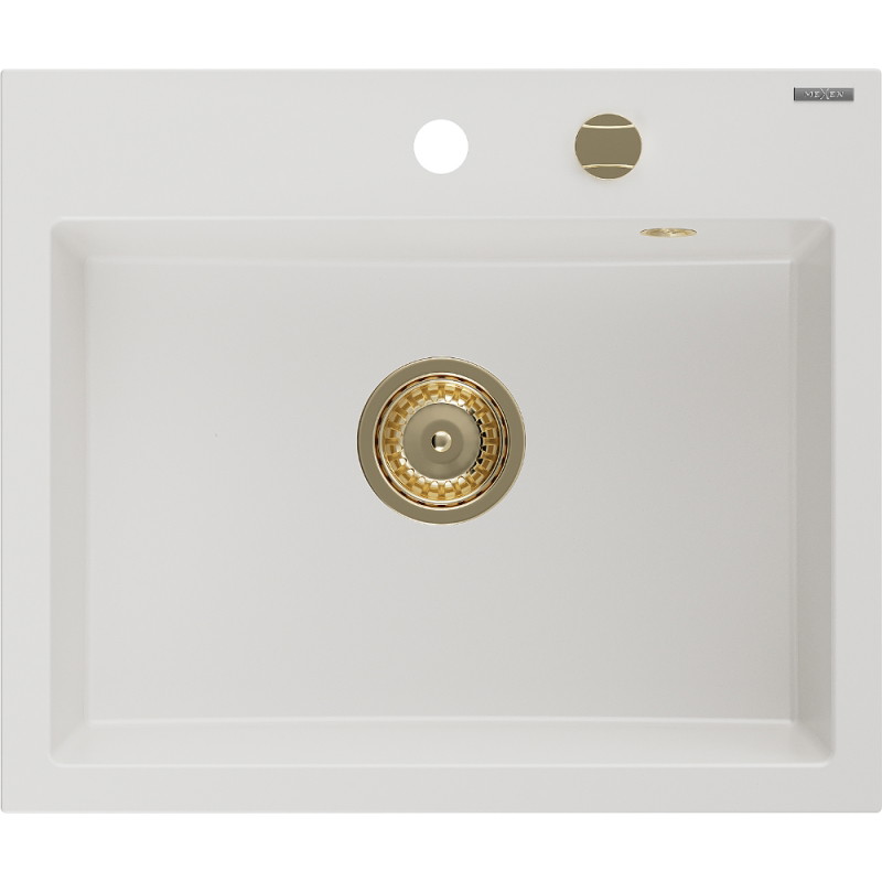 Mexen Oscar 1 lizdo granito kriauklė 580 x 490 mm, balta, auksinis sifonas - 6519581000-20-G